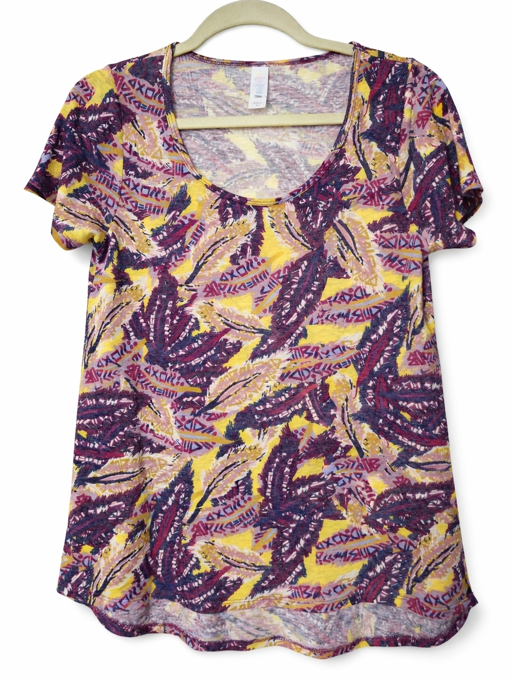 LuLaRoe Short Sleeve Scoop Neck Printed Top - Yellow & Purple